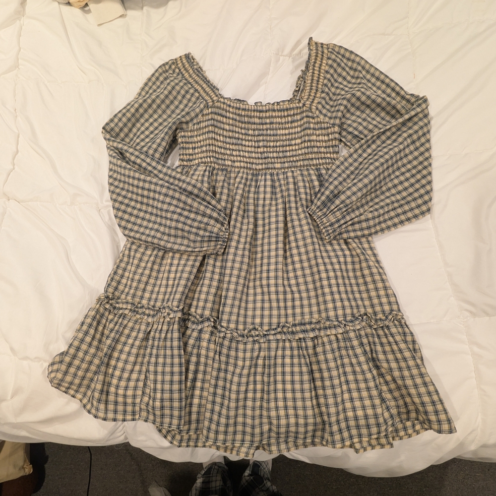 American Eagle Outfitters Cream and Blue Plaid Mini Dress